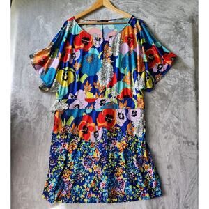 BCBGMAXAZRIA Dress Womens XL Colorful Artsy Floral Print Tie Waist Stretch Knit